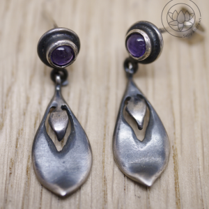 Silver Lotus Petal drop earrings with amethyst