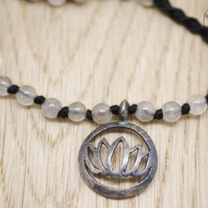 Oxidised Silver Medium Lotus bracelet with grey quartz beads and barleycorn stringing