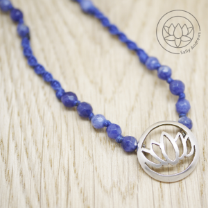 Silver Medium Lotus necklace with sodalite beads and barleycorn stringing