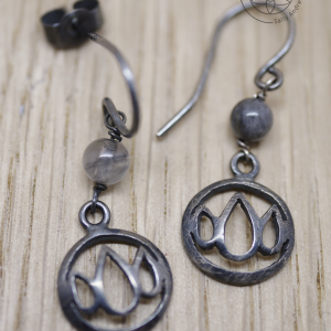 Silver small lotus drop earrings with grey quartz beads