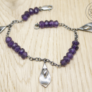 Sterling Silver Oxidised Lotus Petals and Amethyst Bracelet
