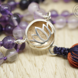 Silver Medium Lotus 18ct rose gold plated, Fluorite beads with tassel Mala beads (108)