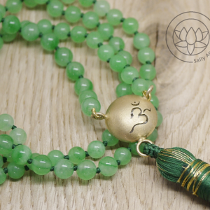 Silver Medium Dome Om 22ct gold plated, Jade beads with tassel Mala beads (108)