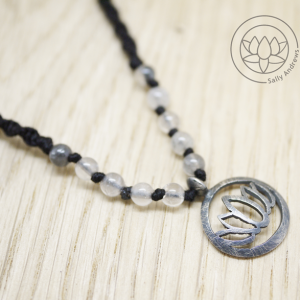 Oxidised Silver Medium Lotus necklace with grey quartz beads and barleycorn stringing