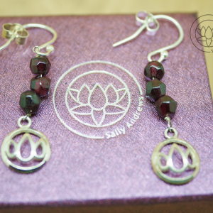 Silver Small lotus drop earrings with garnet beads